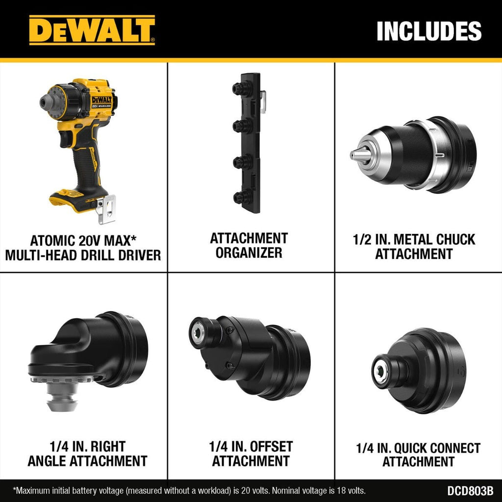 DeWALT DCD803B ATOMIC 20V MAX 5-in-1 Brushless Cordless Multi-Head Drill/Driver, Tool Only