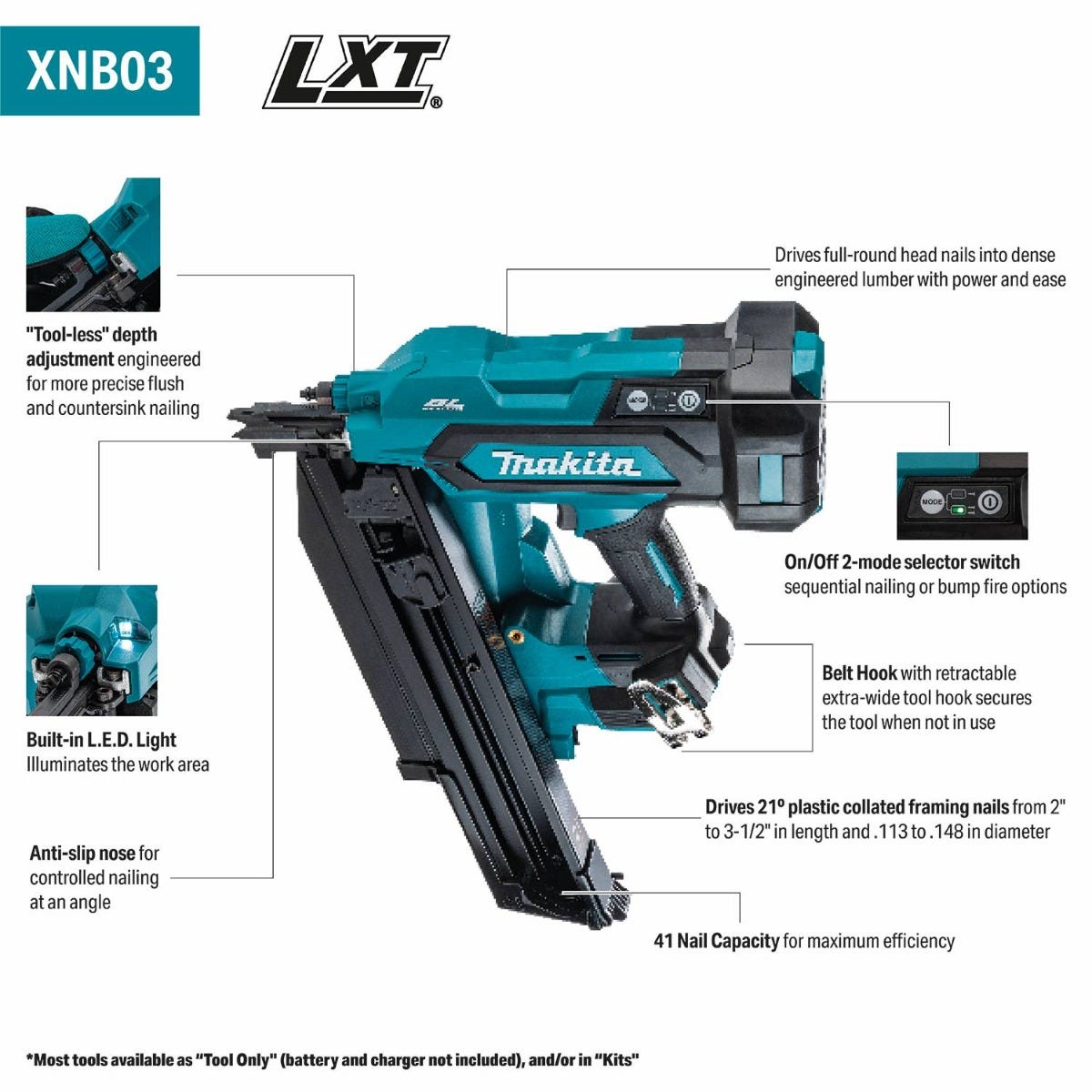 Makita XNB03Z 18V LXT Cordless 21-Degree Full Round Head 3-1/2-in. Framing Nailer, Tool Only